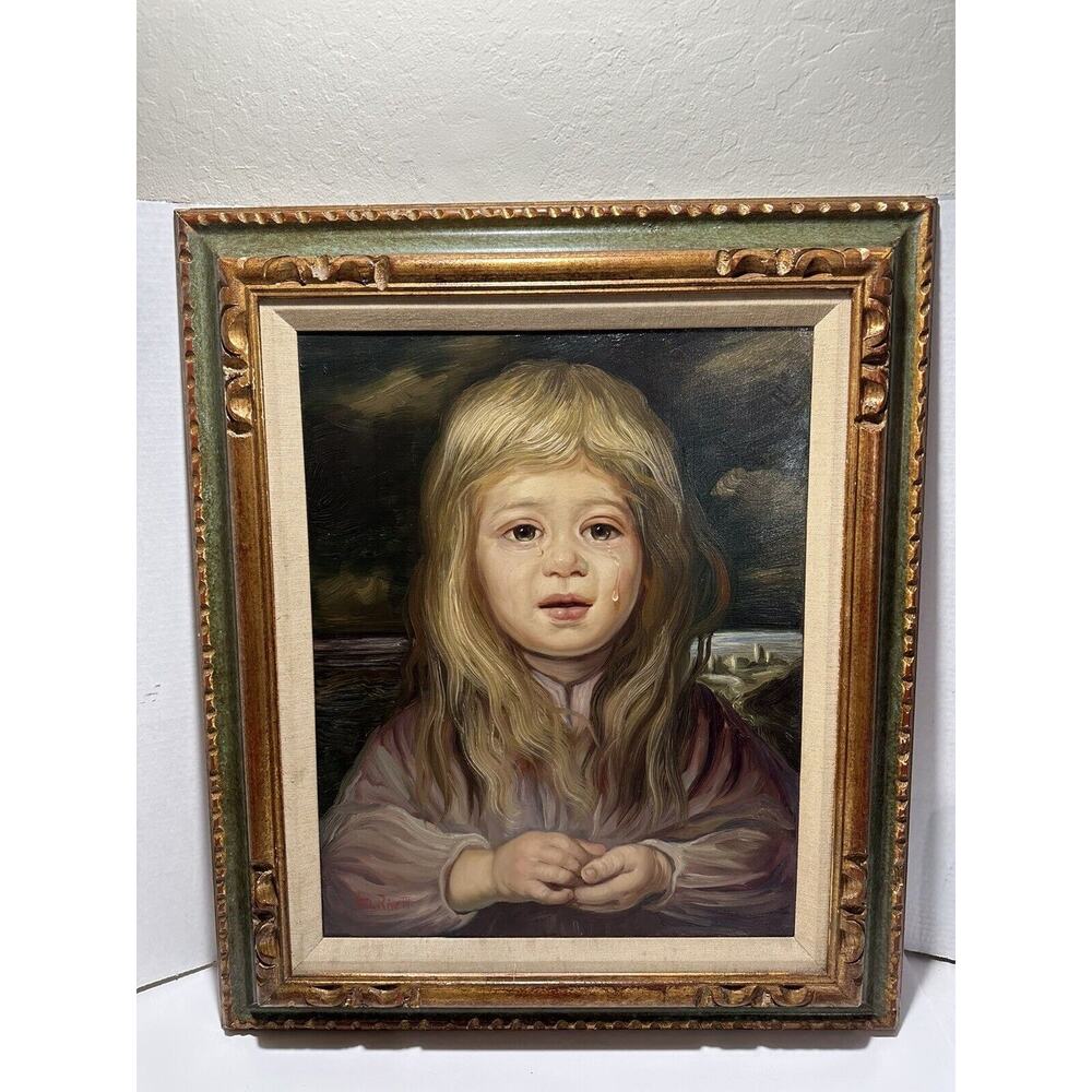 VITTO RIVETTI Portrait YOUNG GIRL WITH TEARS ORIGINAL OIL PAINTING ITALIAN RARE